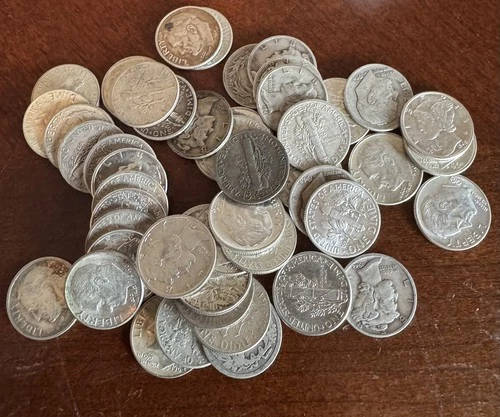 50 Silver Dimes $5 Face Value 90% Silver Coins  Mercury, Roosevelt and Barber