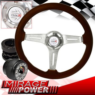 Black Extender + Dark Wood Silver Mid Deep Dish Steering Wheel For 89-05 Eclipse