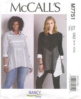 NEW NANCY ZIEMAN 7751 McCalls 6 - 22 Button Long Shirt Handkerchief Hem Pattern