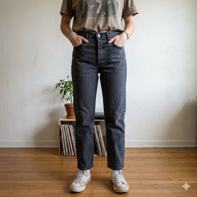 Levi's Ribcage Straight Ankle Jeans Womens 28 Black High Rise Button Fly Grunge