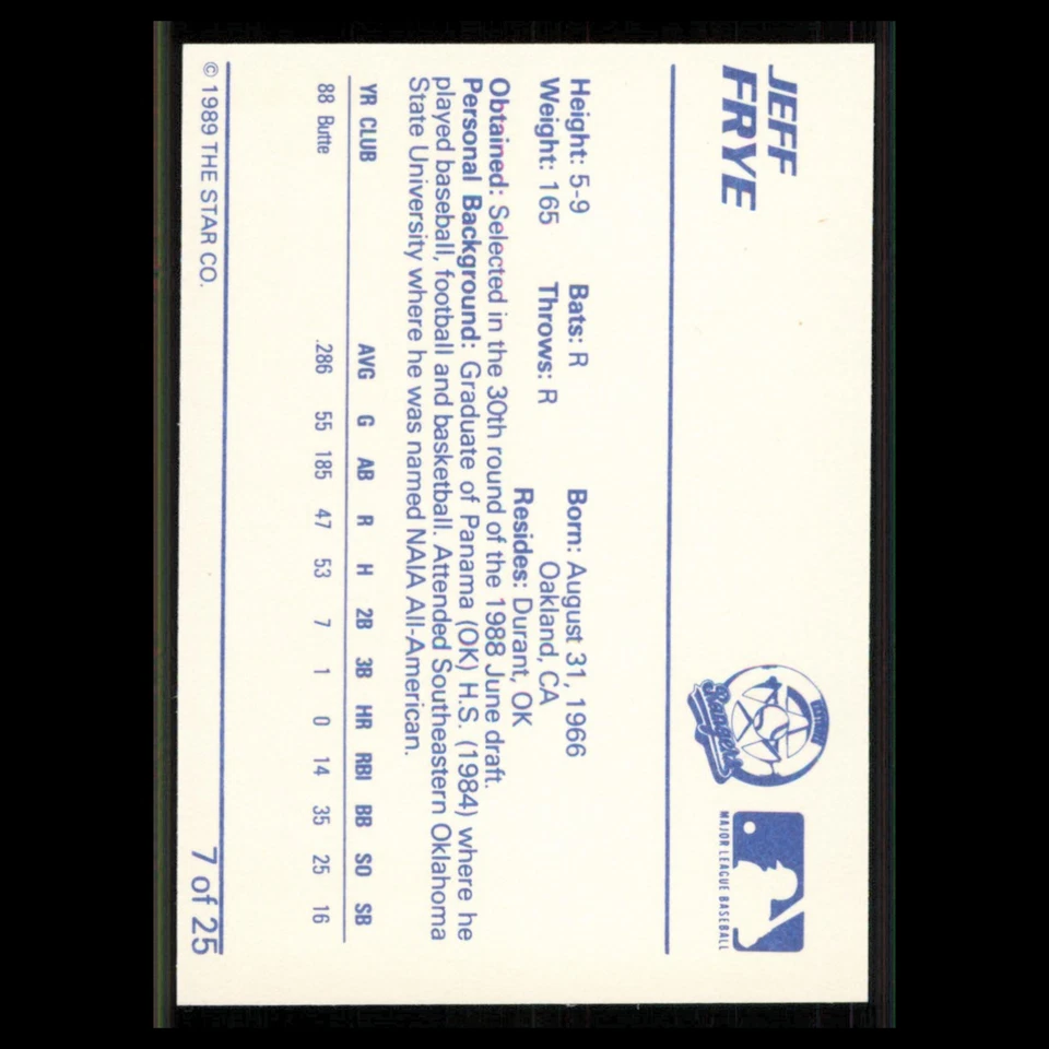 Jeff Frye #7 1989 Star Minor League Gastonia Rangers Baseball Card MLB NM - Image 2 of 3
