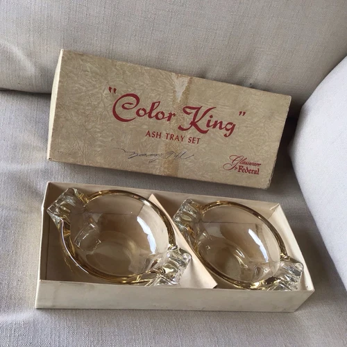 Vintage Federal Glassware Color King Ashtray Set In Original Box Tangerine