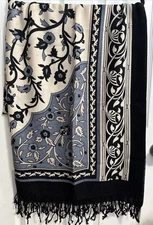 DANA XU 100% Pure Merino Wool Pashmina Shawl Large  / 96" x 43" Black Ivory Blue