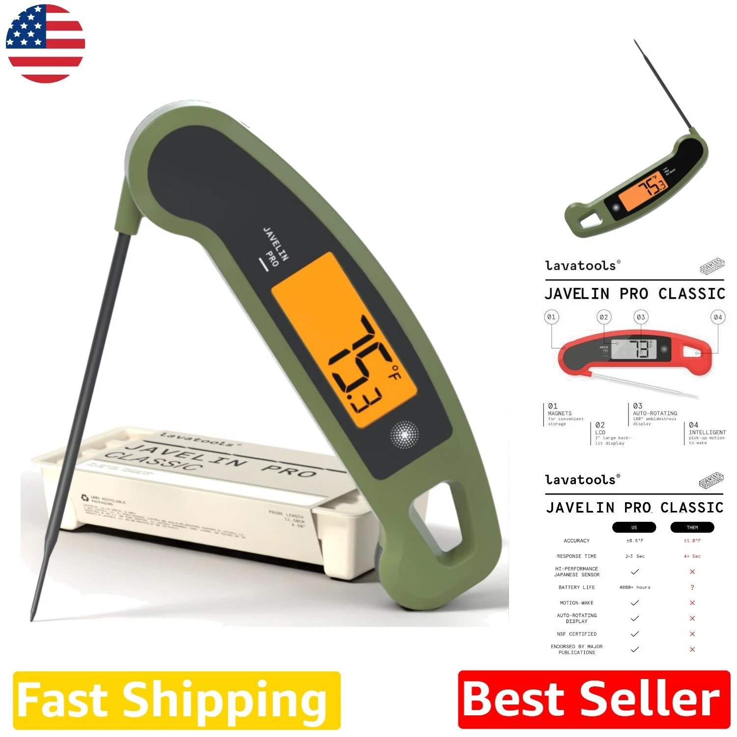 Professional Digital Meat Thermometer: Javelin PRO Classic, 2-Sec Read, Olive