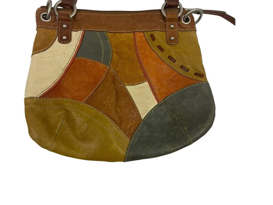 "Cartera de cuero fósil con retazos Bolso de hombro Bolso de mano Cremalleras Cierre 14,5"" H X 12,25"" L" Foto 3 de 4