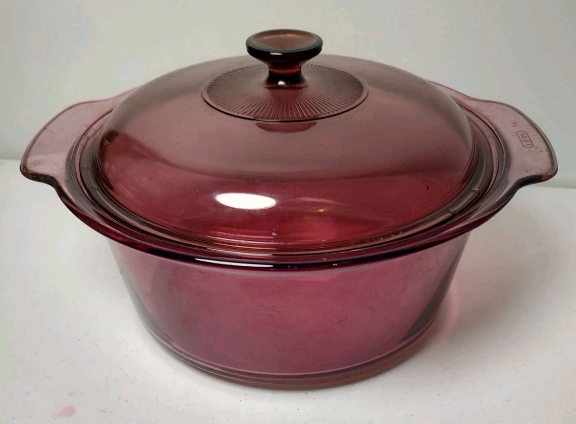 Vintage Corning Visions Cranberry 5L Glass Dutch Oven Stock Pot w/ Lid USA Pyrex