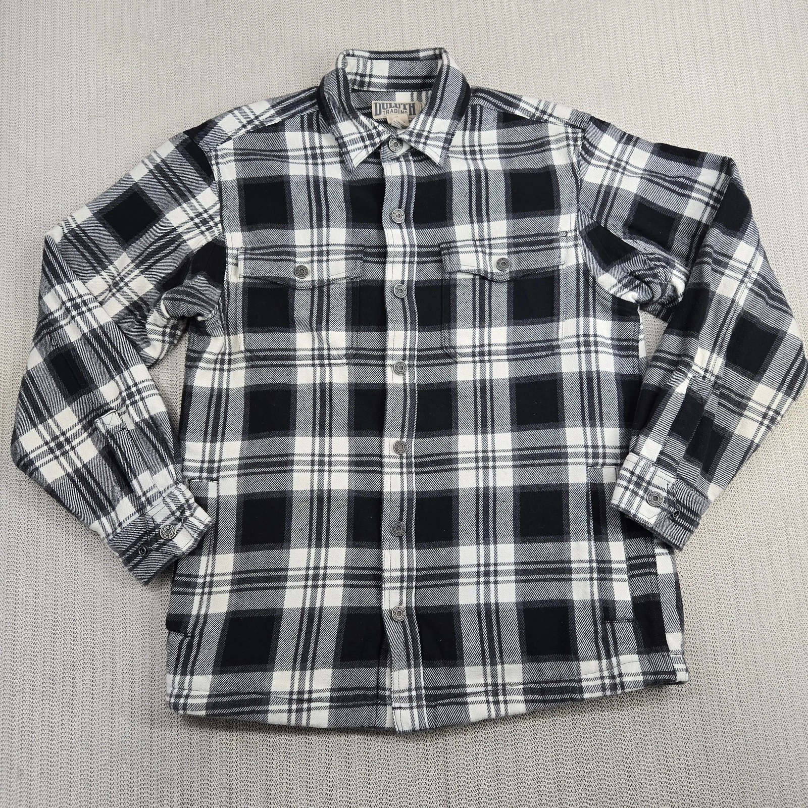 Duluth Trading Jacket Mens Small Black Gray Plaid Flannel Fleece Lined Shacket