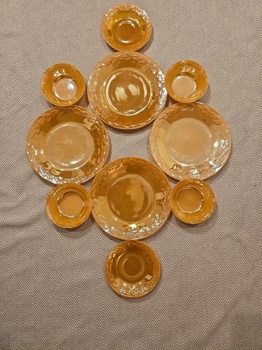 10 Vintage Fire-King Laurel Amber Glass  Dinner 4Plates, 4Bowl & 2Saucer