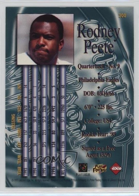 1997 Collector's Edge Masters Rodney Peete #200 - Image 2 of 2