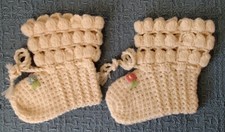 Vintage  Handmade  BABY BOOTIES  Cream Wool  Floral Accents  Braided Tie