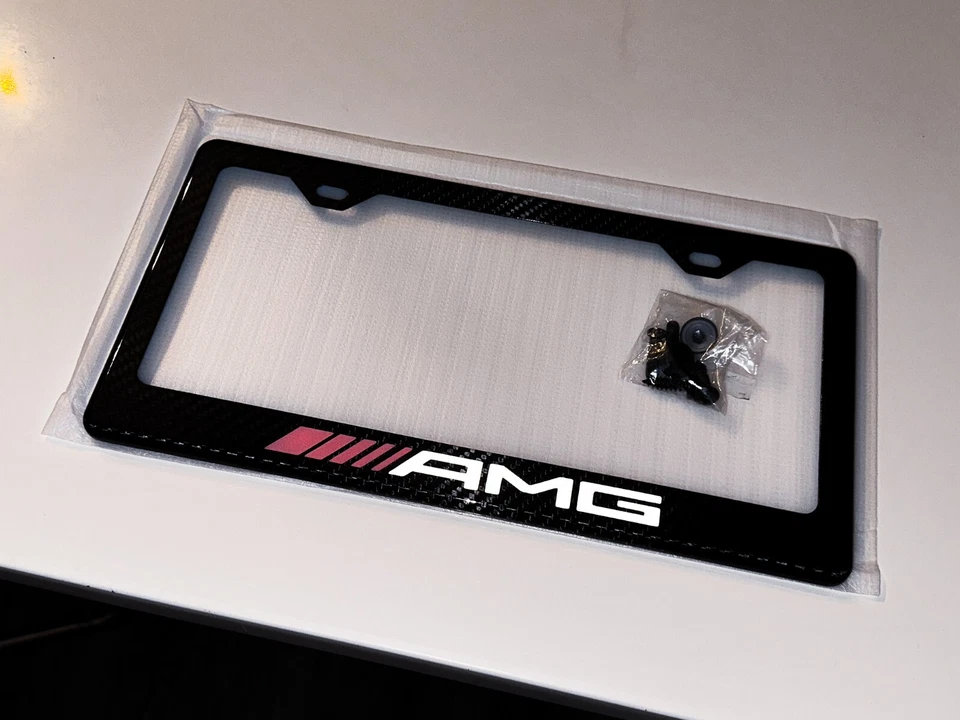 Mercedes Benz License Plate Frame Real Carbon Fiber AMG (Red & White) - Image 2 of 4