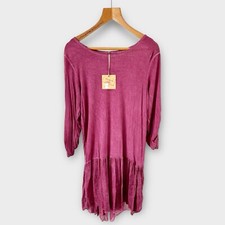 Made In Italy Dress Fit M 12 14 Pink Lagenlook Boho Roll Tab Sleeve Casual NEW