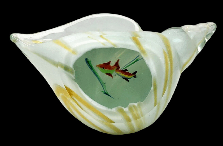 Murano Fish Aquarium Art Glass Conch Shell Shape Fish Bowl 7.5" Vintage HTF