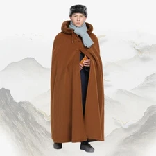 Men Chinese style Cloak Mantle Cape Jacket Thick Outwear Bonze Hooded Fur Collar