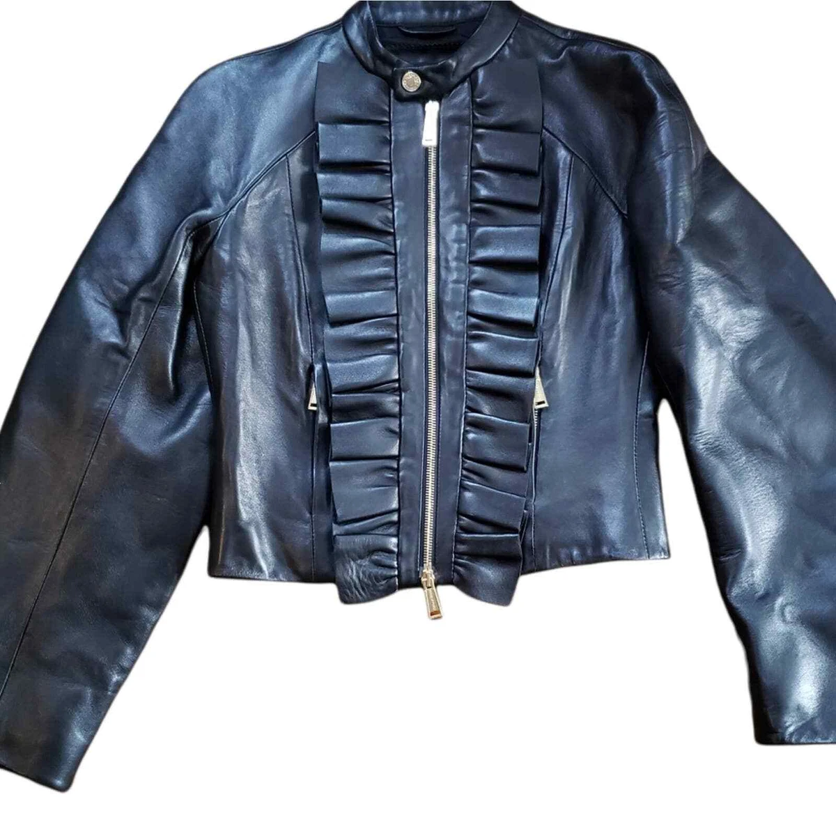 Dsquared ruffle lambskin black leather jacket size US 4 IT 40