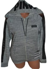 Victoria's Secret PINK Perfect Full Zip Hoodie Marl gray Mesh Black Logo S NEW