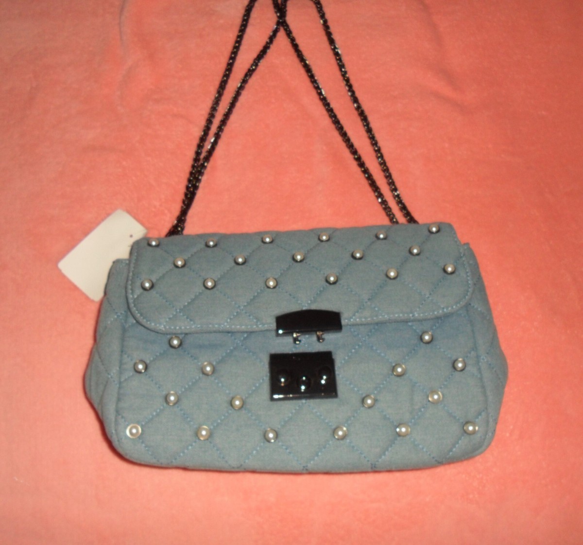 Hallhuber Tasche, Denimlook, Perlen-Nieten, Kettenriemen, 28 x