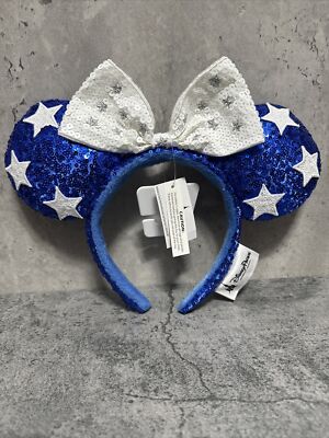 Disney Royal Blue Sequin Star Minnie Ear Headband with White Bow Disney Parks Minnie Mouse Blue Sequin White Stars Bow Ears  main image 2