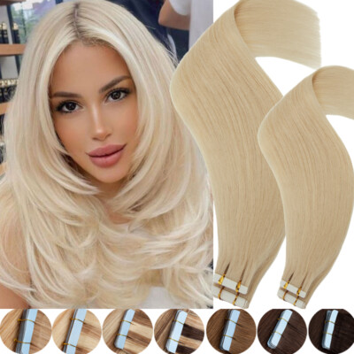 USA STOCK Tape In Real Human Hair Extensions 100% Russian Hairpiece Thick White