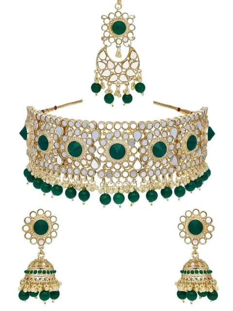 Indian Jewelry Green Stone Necklace Bollywood Gold Plated Bridal Choker Set