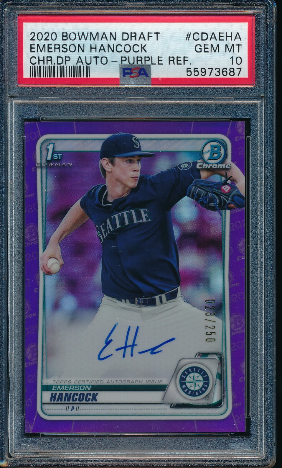 PSA 10 EMERSON HANCOCK AUTO 2020 Bowman Chrome PURPLE REFRACTOR /250 RC GEM MINT