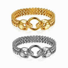 Gothic Men Skull Franco Link Curb Chain Bracelet Stainless Steel Biker Cuff 8.7"