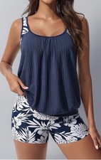 Hanna Nikole Ribbed Athletic Tankini Set Printed Top Boyshorts Swimsuit Size M