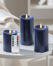 Navy Blue Flameless Candles with Remote and Timer, Real Wax Made LED Pillar C...