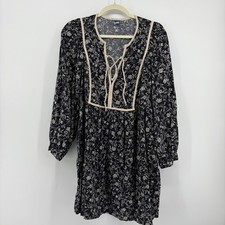 Old Navy Womens L Black Floral Dress Peasant Lace Up Long Sleeve Pockets Mini