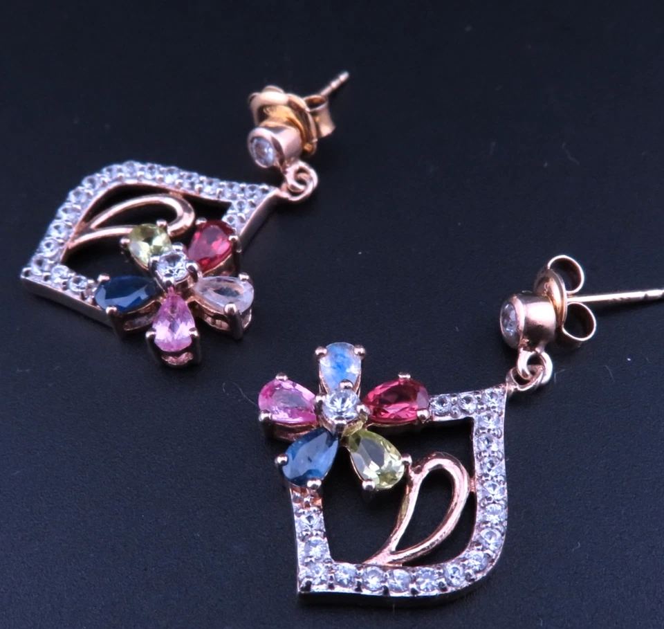 Traumhaft Schöne Ohrringe 925er Sterling Silber Steinbesatz Blume Bunt Boho Edel - Bild 4 von 4