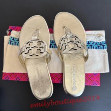 NIB Tory Burch Miller Size 8.5 Spark Gold Metallic Wrinkled Leather Sandals 200