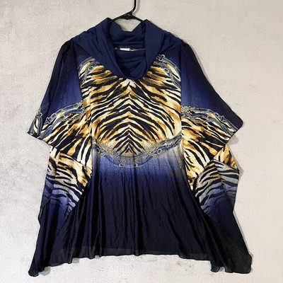 SUNFLAIR European Swimwear Sheer COVERUP Cowlneck Womens US Sz 8 Navy Gold Black