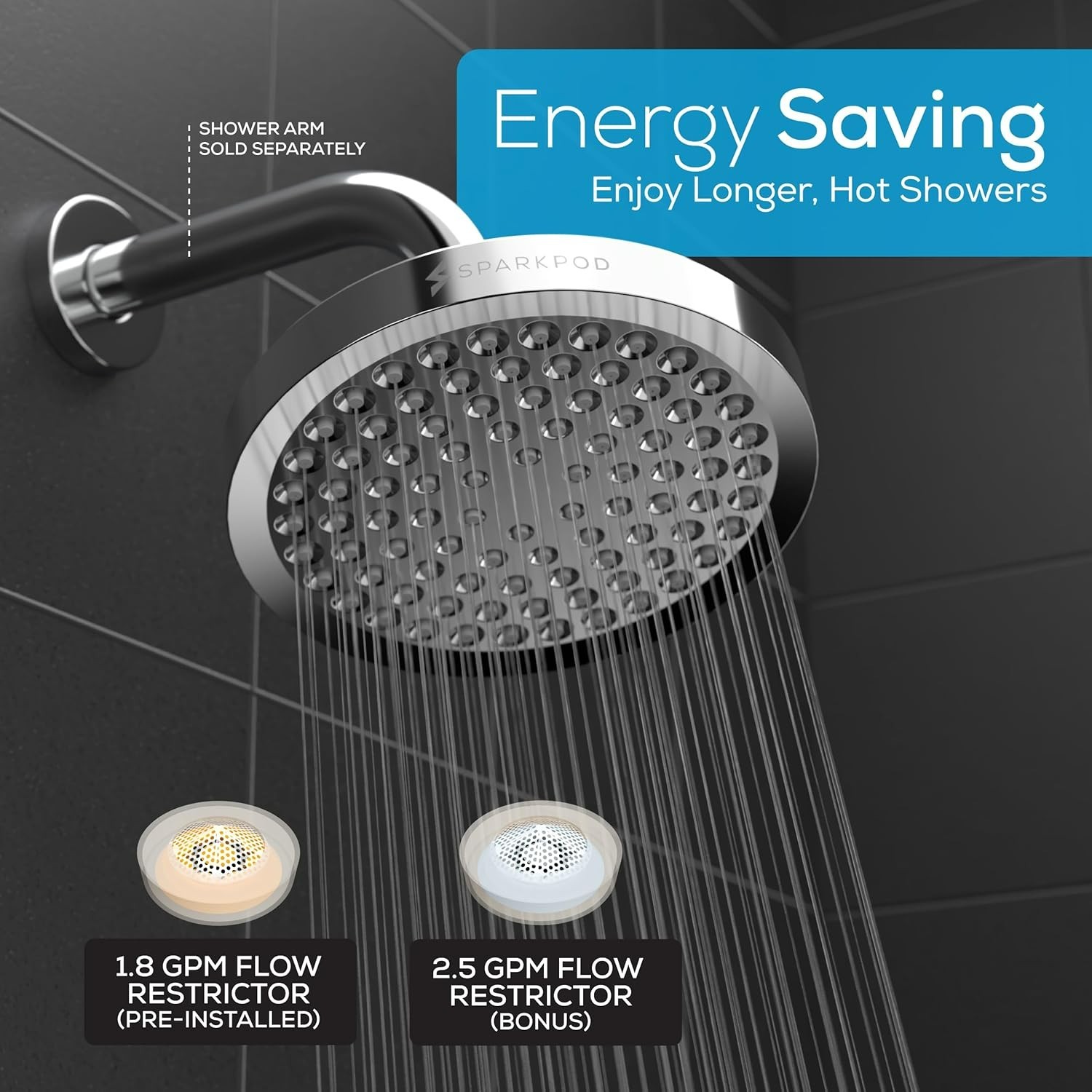 Spark Pod Fixed Shower Head High Pressure Rain Luxury Modern Look Chrome 6""