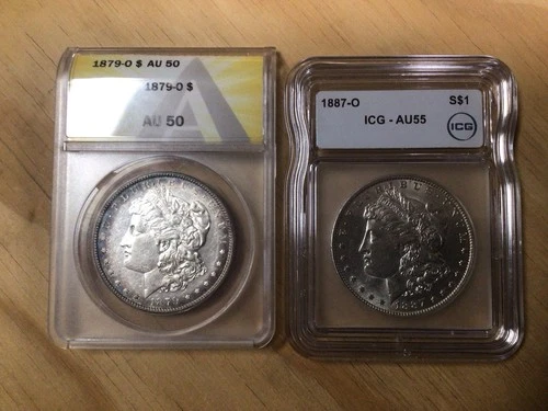 Lot of 2 Morgan Dollars 1879-O ANACS AU50 & 1887-O ICG AU55  056
