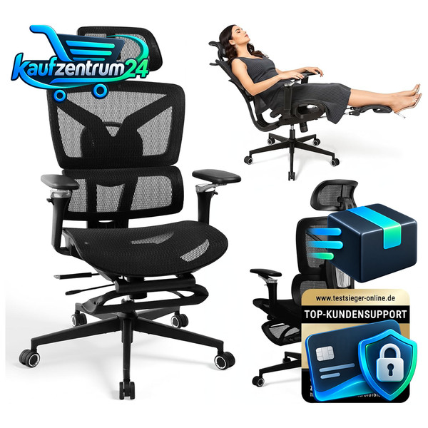 Ergonomischer BüRostuhl Schwarz Mit FußStüTze 5D Armlehnen LendenstüTze Drehbar-image