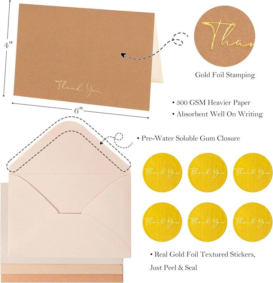 Deluxe Thank You Card Set - 100 Blank Cards with Envelopes & Gold Foil Stickers - Изображение 4 из 4