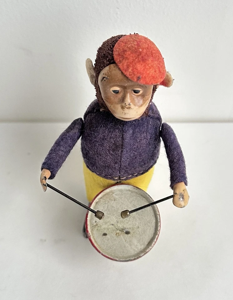 Ancien jouet mécanique automate tôle singe musicien tambour Shuco Germany 1930 - Photo 3/4