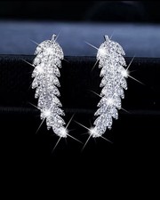 Elegant Feather / Leaf Shaped Earrings Silver Full of Shiny Crystals Stud E21