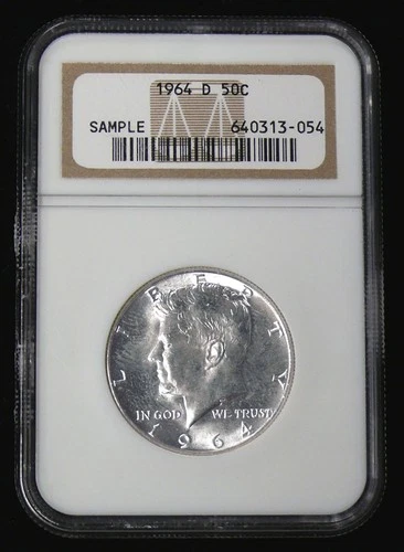 1964-D KENNEDY HALF DOLLAR, EARLY NGC SAMPLE SLAB, TONING ON COIN