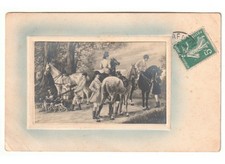 cartolina Primi '900 uomini donne battuta di caccia alla volpe cavalli cani