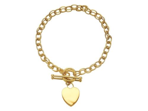 F.Hinds 9ct Gold Heart Charm T-Bar Belcher Bracelet 7.5in Bangle Jewelry Women - Picture 1 of 2