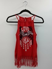 Patriotic Halter Top M (7/9) Red LOVE USA Tassel Shirt Made in USA-READ