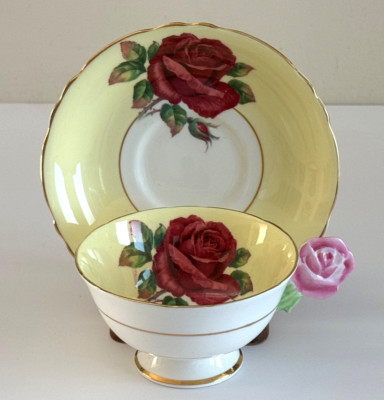 Paragon Fine Bone China Red Cabbage Rose Saucer & Signed Cup with Rose Handle