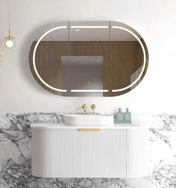 1200 460 450mm BONDI Stain White Curve Fluted Vanity Bar Handle Bathroom Cabinet