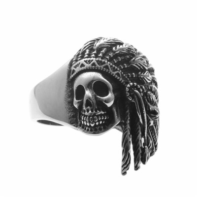 Feather Crown Indian Skull Ring Stainless Steel Biker Punk Tribal