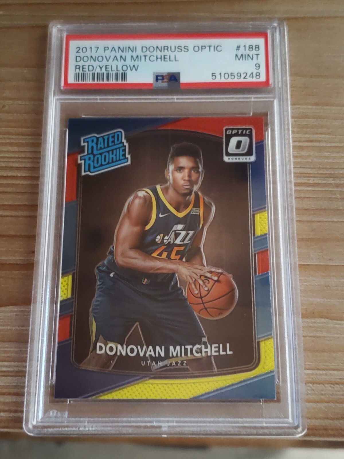 2017 DONRUSS OPTIC DONOVAN MITCHELL (RED/YELLOW ROOKIE) #188 CAVALIERS PSA 9