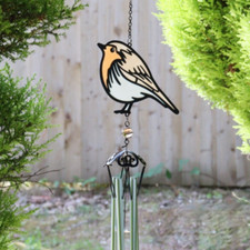 Stained Glass Effect Robin Wind Chime with Crystal dropper Garden Bird