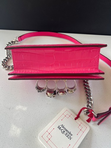 NEW ALEXANDER MCQUEEN Mini Skull Jeweled Croc-Embossed Satchel Bag Peony Pink - Picture 7 of 14
