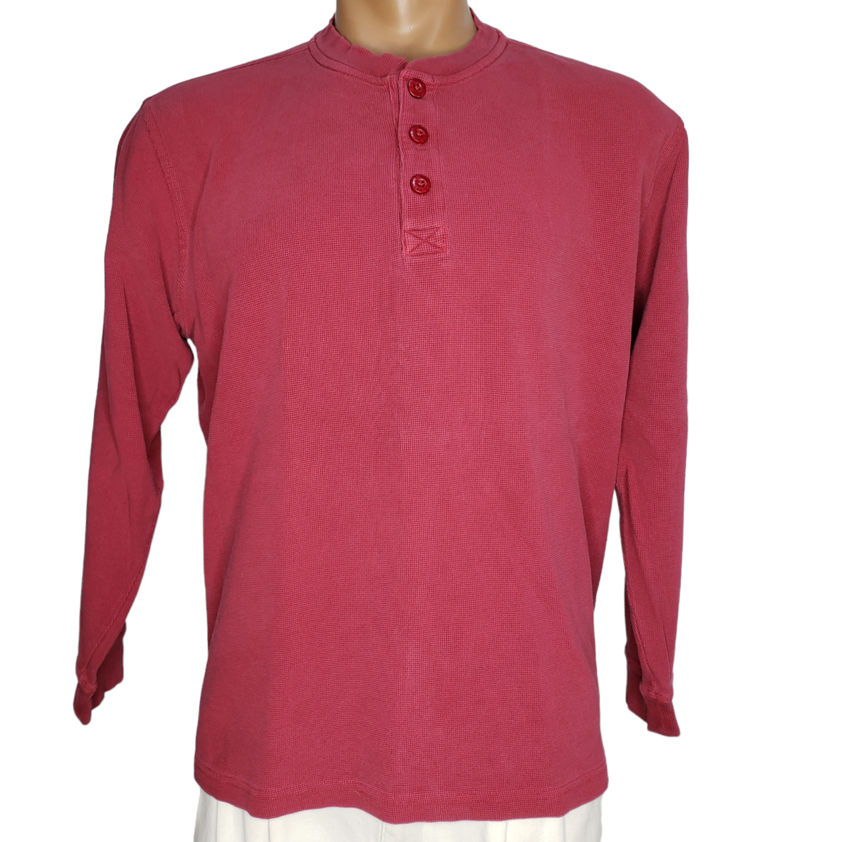 LL Bean Mini Waffle Henley Men's Large L/S Red 100% Cotton