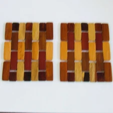 Set of Two Exotic Tropical Hardwood  Foldable 8" x 6.5” Tile Trivets Hot Pad EUC